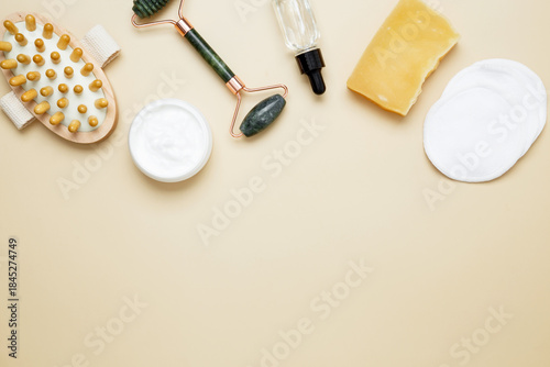 Photography Skincare set with marble roller, gua sha, wooden body brush, facial cream and se