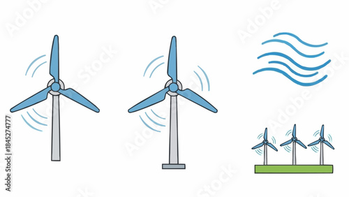 Wind turbines rotating in harmony with wind flow on a green landscape from a straightforward viewpoint.