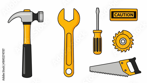 Set of various construction and repair tools including a hammer, wrench, screwdriver, saw, and circular blade