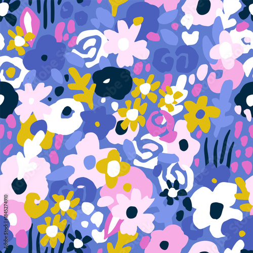 Seamless floral pattern with hand painted flowers. Abstract gouache style vector texture