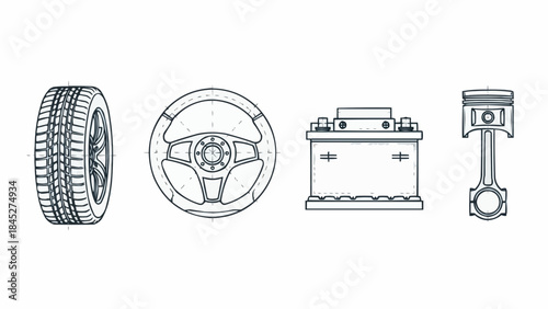 Vector outline illustrations showcasing essential automotive parts, featuring a tire, steering wheel, car battery, and piston, ideal for designs related to vehicle repair, maintenance, and mechanics