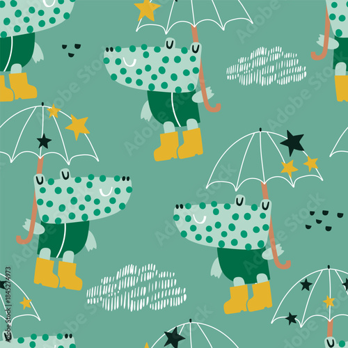 Seamless pattern crocodile in rain boots with umbrella. Creative croco animal background. Perfect for kids apparel,fabric, textile, nursery decoration,wrapping paper. Vector Illustration