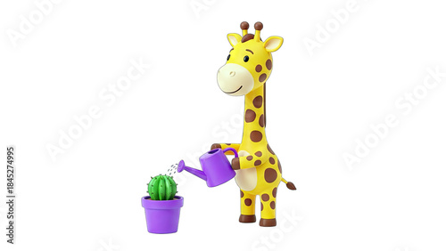 Cartoon Giraffe Watering Cactus in Pot