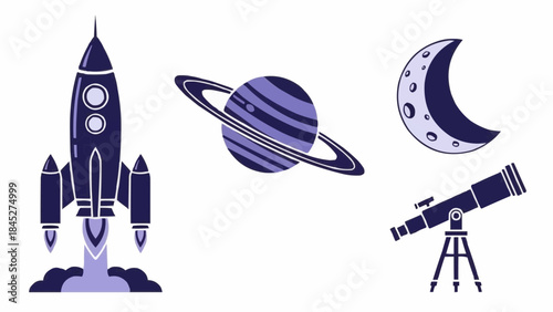 Space and astronomy vector icon set. Features a launching rocket, ringed planet, crescent moon, and a telescope, perfect for science, education, and cosmic themes