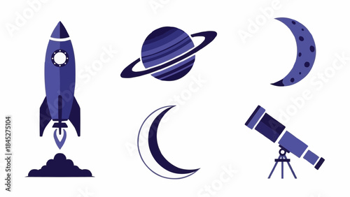 Vector collection of minimalist space and astronomy icons featuring a rocket, a ringed planet, crescent moons, and a telescope for cosmic exploration and scientific discovery designs