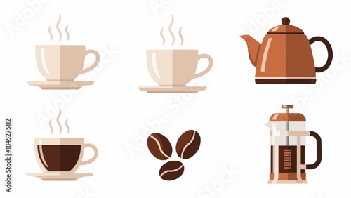 Flat design vector icons of steaming hot coffee cups, a traditional teapot, modern French press, and roasted coffee beans, ideal for cafe, breakfast, and beverage themes