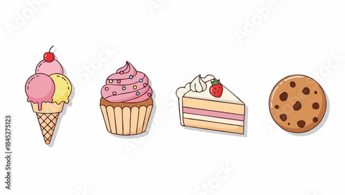 Vibrant Collection of Classic Dessert Illustrations Featuring Ice Cream Cone, Frosted Cupcake, Cake Slice, and Chocolate Cookie for Sweet-Themed Graphics