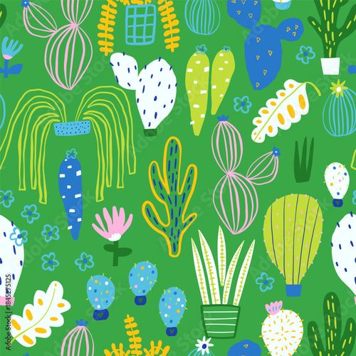 Seamless pattern with hand drawn cactuses, plants in pots, leaves and exotic flowers. Botanical background. Perfect for fabric design, wallpaper, apparel. Vector illustration