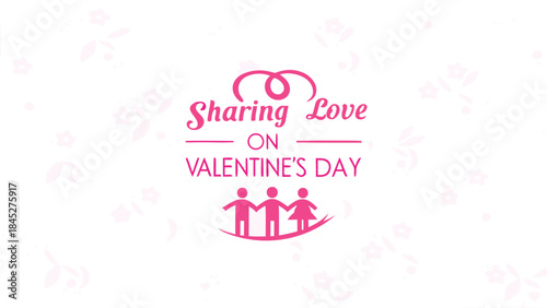 Valentine's day celebration with pink text and graphics on white background with flower patterns