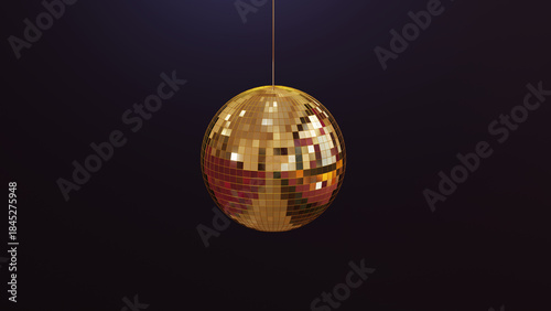 3D render of  golden glowing and reflecting disco ball isolated on black background , no AI
