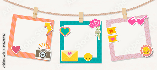 Design photo frames on nice background. Decorative template for baby, kid, family or memories. Scrapbook concept, vector illustration. Birthday 