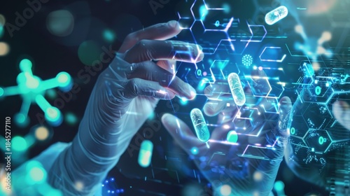 Scientist Hands Interacting with Holographic DNA and Molecular Structures.