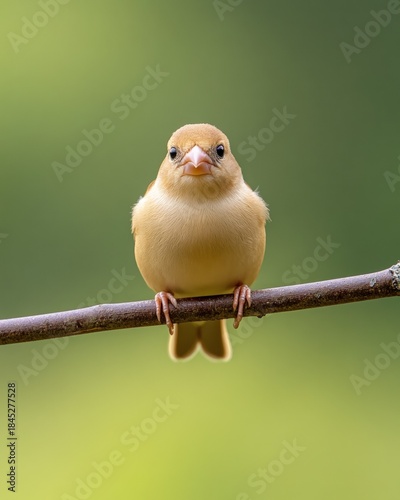 Small Beige Finch Perched on Thin Branch in Nature.