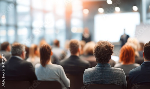 Audience members seated facing a bright presentation screen in a hall.