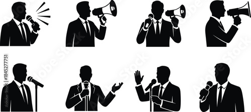 Business speaker silhouette illustration, man with microphone megaphone speaking poses, public announcement leadership concept, black vector icons, isolated white background