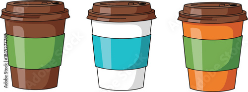 Disposable coffee cups illustration set, takeaway hot drink containers, paper cup design collection, cafe beverage concept, isolated white background