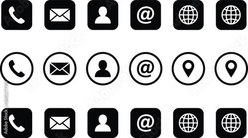 Comprehensive set of web and mobile interface icons featuring essential contact, communication, navigation, and location symbols for contemporary digital design.