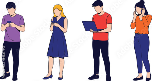 People using digital devices illustration, smartphone laptop communication concept, modern technology lifestyle characters, flat design vector, isolated white background