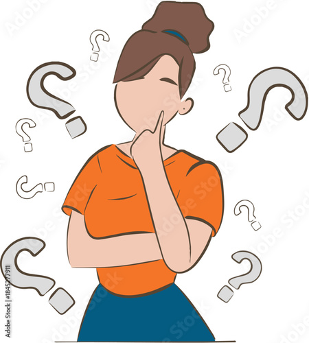 Vector cartoon illustration of a young woman with a puzzled expression standing among floating question marks, symbolizing doubt, decision-making, thinking, or seeking a solution.