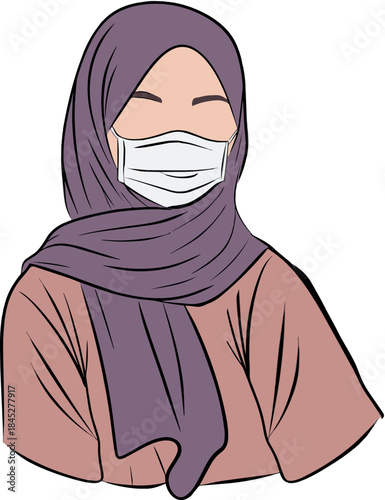 A flat vector illustration of a young Muslim woman wearing a purple hijab and a white surgical face mask, symbolizing health awareness, cultural diversity, and public virus protection.