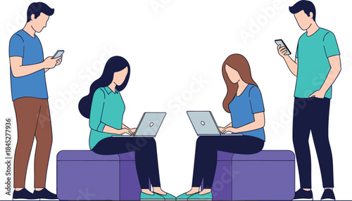 People using smartphones and laptops together, modern digital communication teamwork concept, flat vector illustration, technology lifestyle, isolated white background