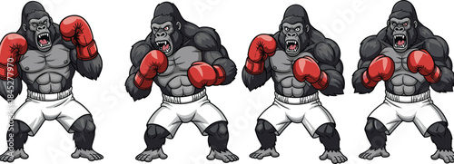 Powerful boxing gorilla character illustration, aggressive muscular ape fighter, cartoon animal boxer mascot, combat sports design, isolated white background