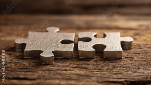 Two Golden Puzzle Pieces Interlocking on Rustic Wooden Surface.