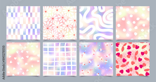 Cute holographic foil hand drawn heart seamless pattern set. Vector love hearts, flowers, cherry print on gradient background. Abstract minimal design collection for Valentines wallpaper, decor, cover