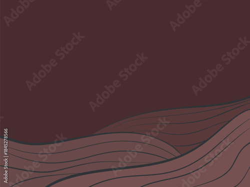 Minimalist vector background featuring clean, dark curved lines resembling abstract hills or warm waves against a deep brown and maroon background, suitable for digital banners, organic themes, or mod