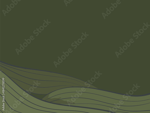 A minimalist vector background template featuring abstract, layered, olive-green hills or stylized waves at the bottom, leaving ample dark space for text or design elements.