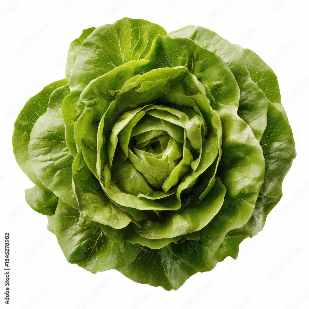 Fototapeta premium Fresh whole butterhead lettuce head top view isolated on transparent background.