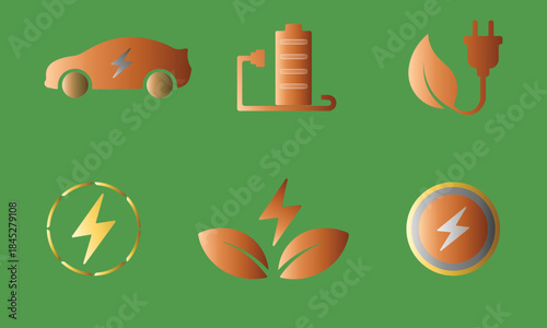 Electric Vehicle and Renewable Energy Gradient Icons Set with Battery, Charging Station, Leaf Plug and Lightning Symbols