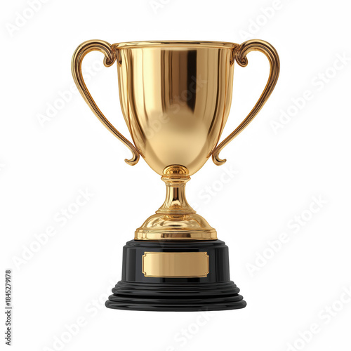 Gold trophy cup on a black pedestal with blank plaque isolated on transparent background.