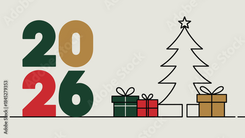 Modern Christmas graphic with 2026 date and gifts