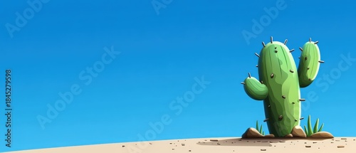 Vibrant Green Cactus Standing Tall in Desert Under Clear Blue Sky.