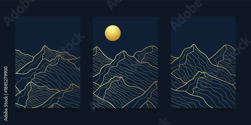set of hand drawn luxury mountain line art contours a landscape texture wall art collection