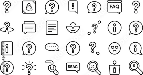 Question Mark Line Icon Set – Minimal outline vector icons for FAQ, help, support, UI and UX design, web and mobile applications.