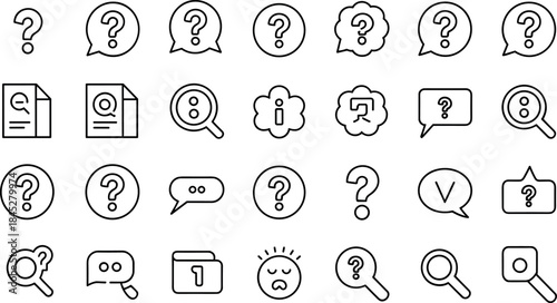 Question Mark & Help Icons – Clean line vector icon collection for tutorials, guides, FAQ and information sections.