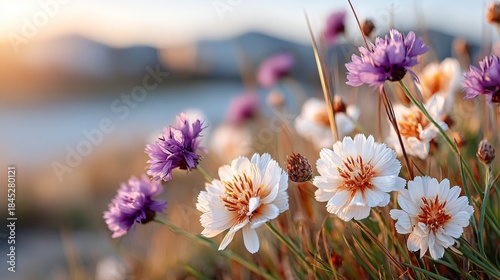 Delicate Wildflowers Dancing in Soft Light, Spring Flora Panorama with Tranquil Beauty