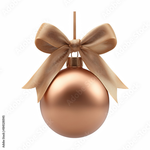 Copper Christmas bauble ornament with satin bow and hanging ribbon isolated on transparent background.