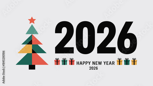 Happy New Year 2026 colorful geometric Christmas tree