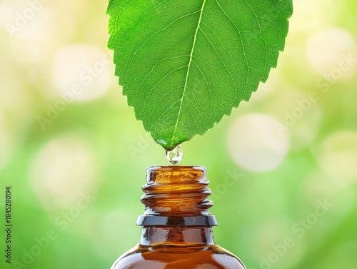 Vibrant Green Leaf with Dew Drop on Amber Essential Oil Bottle.