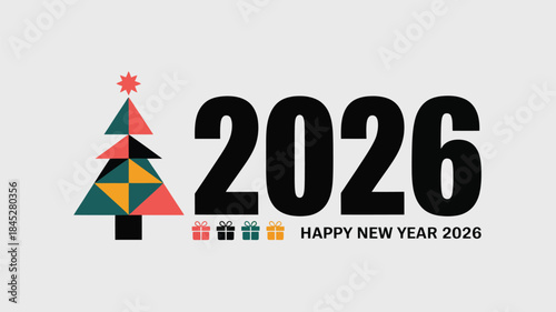 Happy New Year 2026 colorful geometric Christmas tree