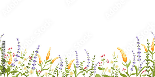 Beautiful Flowers and leaves horizontal white background. Spring floral border with wildflowers. Perfect for invitations, prints, and design decor, easter