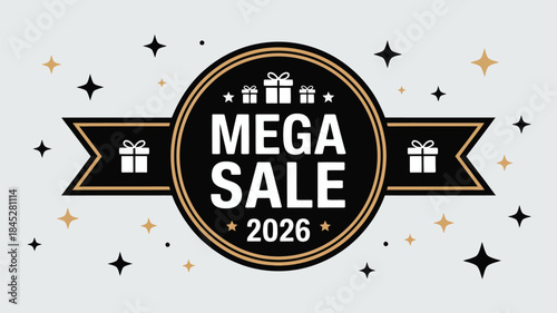 Mega sale banner with gifts and stars 2026