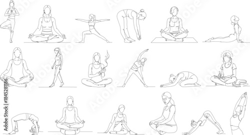 Minimalist Line Art Yoga Postures Collection Illustration in Various Poses