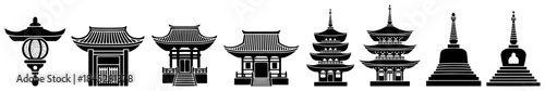 Collection of traditional asian architecture silhouettes including temples pagodas and lanterns in black style
