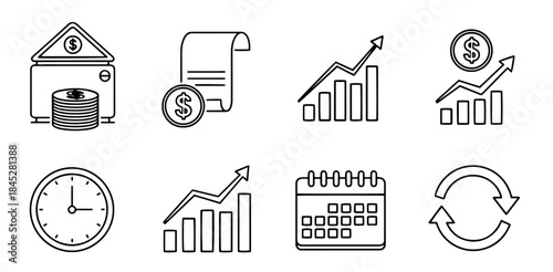 Set of outline business and finance icons showing money graphs and time management tools