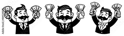 Happy businessman mascot character holding cash money in both hands with a smile