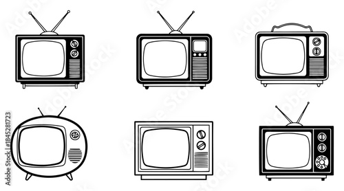 Collection of retro television screens and vintage tv sets in black and white style